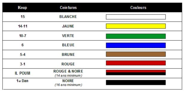 Tableau des ceintures de Taekwondo